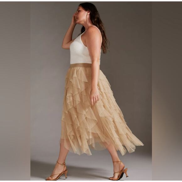 Anthropologie Tiered Ruffle Midi Skirt — Beige Mesh, Size L - Picture 2 of 7